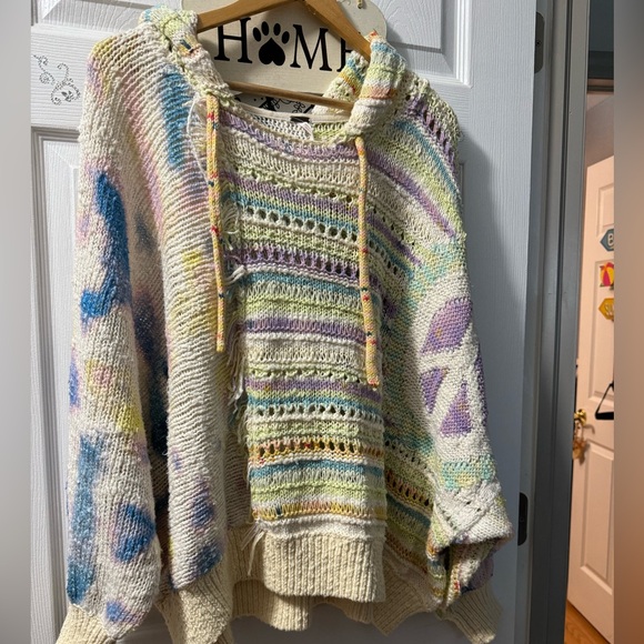 Free People Flower Child Poncho Sweater Hooded Tie Dye Patchwork size small - Picture 8 of 14
